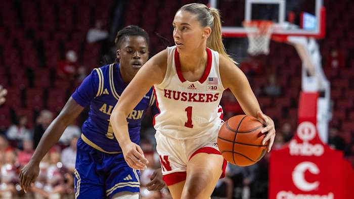 Nebraska guard Jaz Shelley handles the ball against Alcorn State. She played just three minutes before leaving the game with an injury. (Nov. 14, 2023)